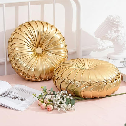 2 Pcs Round Throw Pillows Decorative Polyester Pleated Throw Pillows 15'' Diameter Accent Pumpkin Boho Chair Cushion for Couch Sofa Chair Bed Home Decoration (Gold)