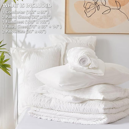 CozyLux King Size Comforter Set White Seersucker 7 Pieces Bed in a Bag King Comforter Set with Sheets, Luxury Soft Bedding Set with Down Alternative Comforter, Sheets, Pillowcases & Shams All Seasons