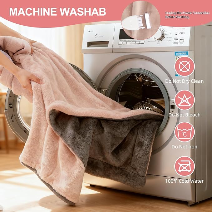 Electric Heated Blanket Throw 50" x 60" Soft Dual-Sided Flannel Fast Heating 12 Heat Levels 1–12H Timer & Overheat Protection & Auto Shut-Off & Machine Washable (Peach Pink & Gray)