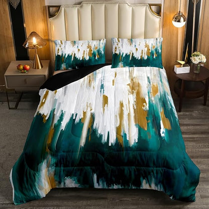 Erosebridal Teal Comforter Full Graffiti Ombre Bedding Set, Brush Strokes Oil Painting Down Comforter Modern Contemporary Bed Set, Chic Vintage Abstract Gradient Quilted Duvet 3 Pieces