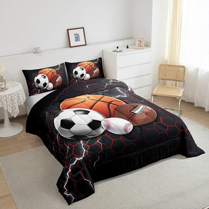 Feelyou Basketball Comforter Set King Size Rugby Sports Comforter for Boys Girls Teens Football Bedding Set Baseball Duvet Set Room Decor Balck Red Mixed Ball Quilt Set