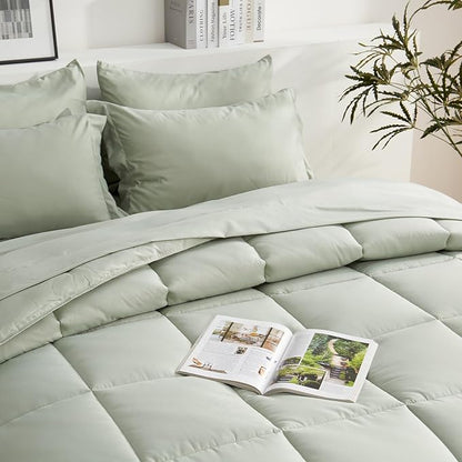 COZYART King Comforter Set 7 Pcs, Sage Green Bed in a Bag, All Season Lightweight Soft Reversible Bedding Set, 1 Comforter, 1 Flat Sheet, 1 Fitted Sheet, 2 Pillow Shams, 2 Pillowcases