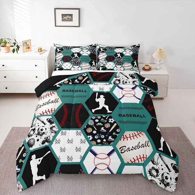 Erosebridal Boys Comforter Set Full,Baseball Sports Bedding Comforter Set Full for Kids,Baseball Player Bat Bedding,Geometric Ball Game Duvet Insert with 2 Pillowshams All Season,Green White Black