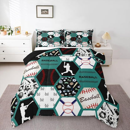 Erosebridal Sports Bedding Set for Kids Boys Girls,Baseball Comforter King,Geometric Hexagonal Honeycomb Comforter Sets,Ball Game Printed Patchwork Duvet Insert with 2 Pillowcases,Green White Black