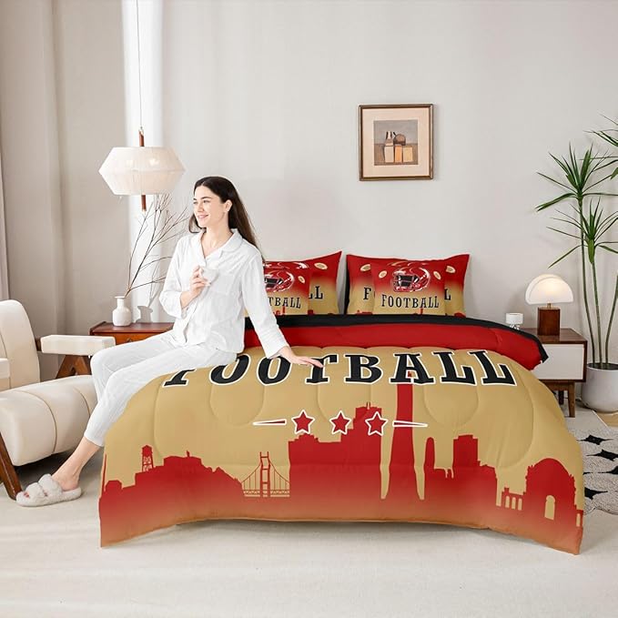 Erosebridal Red Yellow Football King Bed in A Bag for Sports Lovers,American Soccer City 7 Pcs Bedding Set for Kids Boys Teen,Sports Rugby Comforter Set with Sheets Ball Games Bed Set