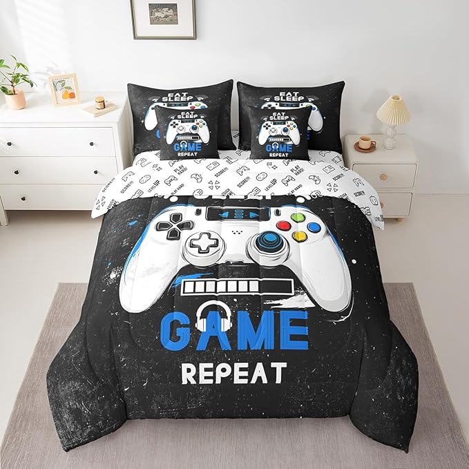 jejeloiu Eat Sleep Game 7 Piece Bedding Set King Size Cartoon Gamer Comforter Set with Sheets for Kids Boys Girls Modern Game Bed in a Bag Black Blue Bed Set