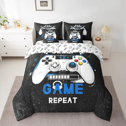 jejeloiu Eat Sleep Game 7 Piece Bedding Set King Size Cartoon Gamer Comforter Set with Sheets for Kids Boys Girls Modern Game Bed in a Bag Black Blue Bed Set