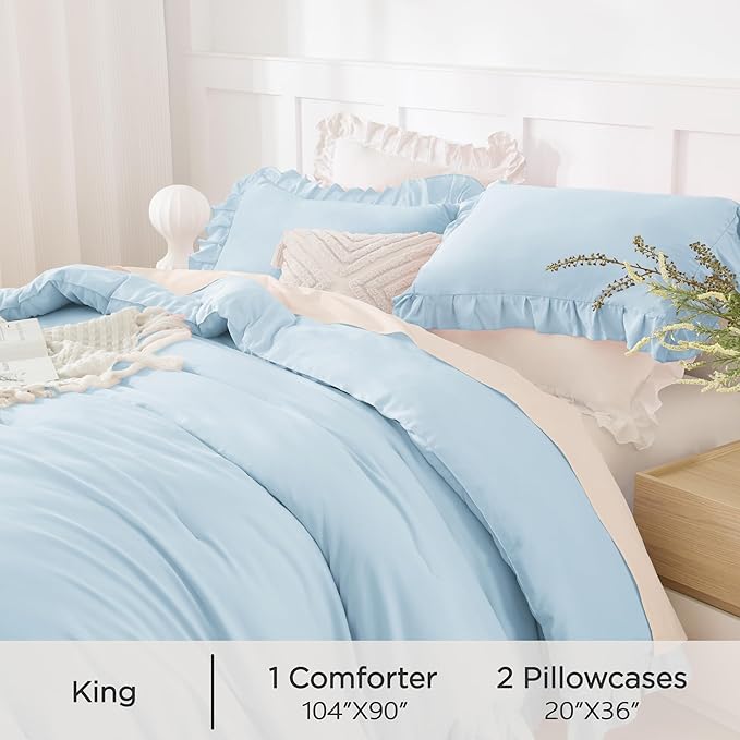 Andency Light Blue King Size Comforter Set, 3 Pieces Solid Farmhouse Shabby Chic Bedding Comforters & Sets, All Season Western Rustic Soft Down Alternative Bed Set for Adult Men Women