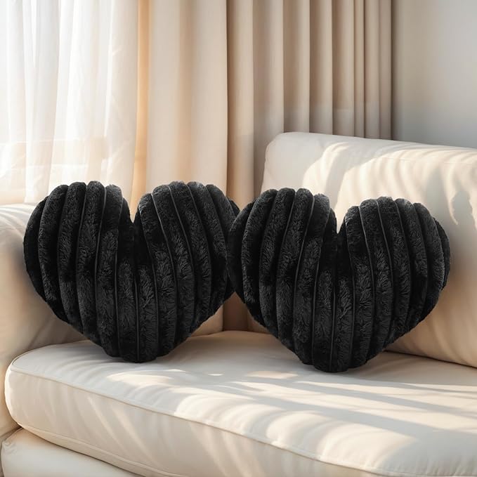 16 Inch Heart Pillow Cute Soft Decorative Throw Pillows, Heart Shaped Fluffy Faux Fur Pillows Cushions for Couch Sofa Bed Bedroom Room Home Decor Aesthetic (2, Black, Medium-16 x13)