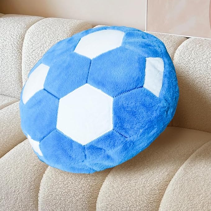 Blue Soccer Pillow Fluffy Soccer Ball Throw Pillow for Bedroom Decor Soft Sports Themed Room Accent Perfect for Soccer Decorations Valentines Day Gifts 15.7 Inches