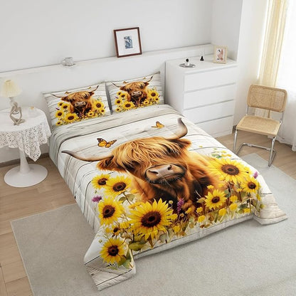 Feelyou Highland Cow Comforter Set Toddler Size Highland Cattle Comforter for Boys Girls Teens Animal Bedding Set Wildlife Duvet Set Room Decor Yellow Beige Quilt Set