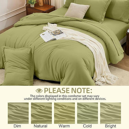 FUANNA King Size Comforter Sets Olive Green, 7 Pieces Soft Bedding Set, All Season Lightweight Bed in a Bag with Comforter, Flat Sheet, Fitted Sheet, Pillowcases & Shams