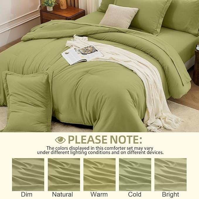 FUANNA Twin Comforter Set Olive Green, 5 Pieces Soft Twin Size Bedding Sets, All Season Lightweight Bed in a Bag with Comforter, Flat Sheet, Fitted Sheet, Pillowcase & Sham