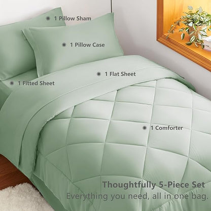 CozyLux Twin Comforter Set with Sheets Sage Green - 5 Pieces Bed in a Bag Twin, All Season Bed Set for Girls and Boys, Bedding Set with Down Alternative Comforter, Sheets, Pillowcase & Sham