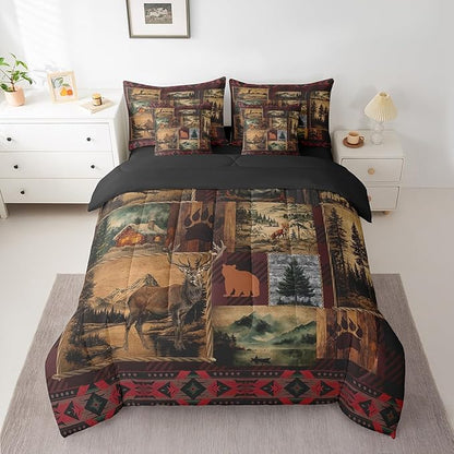 Erosebridal Patchwork Cabin Lodge Bedding Set Full 7 Pcs,Bear Deer Hunting Bed in a Bag with Flat Fitted Sheet,Boho Exotic Comforter Set with Pillowcase and Sham,Woodland Animal Bed Sheets Set