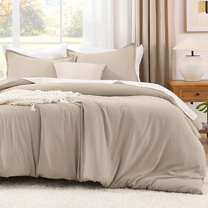Litanika Comforters Khaki Oversized Queen Size, 3 Pieces Lightweight Solid Bedding Comforter Set, All Season Fluffy Bed Set (98x98In Comforter & 2 Pillowcases)