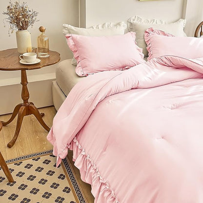 AIKASY Peach Pink Ruffle Comforter Twin, 3 Pieces Vintage Ruffle Fringe Comforter, Farmhouse Rustic Microfiber Down Alternative Bedding Comforter Set (1 Comforter + 2 Pillow Shams)