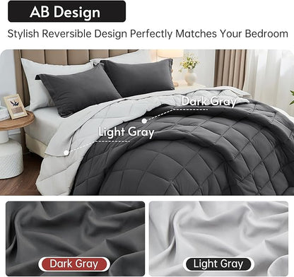 MUXHOMO 7 Pieces Oversized Queen Comforter Set, Reversible Bed in a Bag Oversized Queen Size, All Season Bedding Set, Flat Sheet, Fitted Sheet, Pillowcases & Shams, Dark Grey & Light Grey