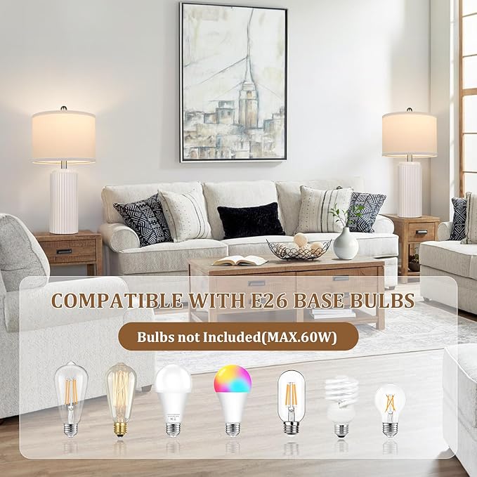 TOBUSA 23.5’’ Modern Ceramic Table Lamps Set of 2 for Living Room, Farmhouse Vintage Bedside Table Lamps with White Linen Shade, Rustic Bedroom Ceramic Lamps for Nightstand Home Office End Table Dorm