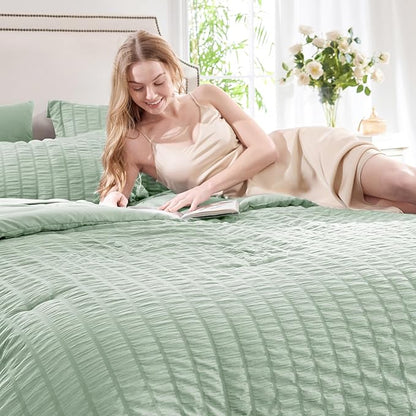 CozyLux Full Size Comforter Sets with Sheets Seersucker 7 Pieces Sage Green Bed in a Bag Textured Luxury Soft Bedding Set with Down Alternative Comforter, Sheets, Pillowcases & Shams for All Seasons