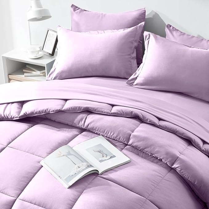COZYART King Comforter Set 7 Pcs, Lavender Bed in a Bag, All Season Lightweight Soft Reversible Bedding Set, 1 Comforter, 1 Flat Sheet, 1 Fitted Sheet, 2 Pillow Shams, 2 Pillowcases