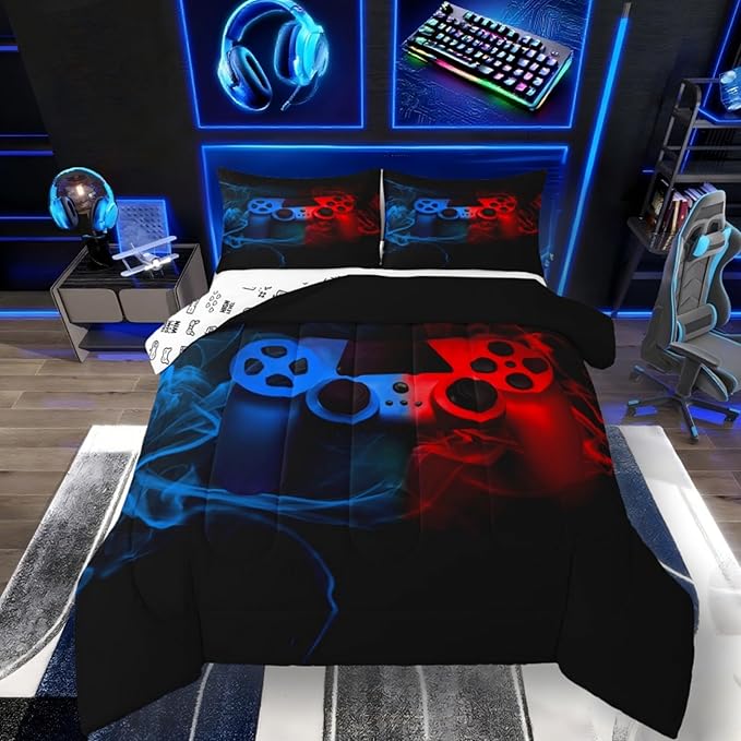 Erosebridal Queen Comforter Set for Boys, Gaming Bedding Sets, Kids Toddler Bedding Set, Red, Blue