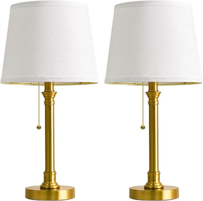 Oneach 19.5" Gold Table Lamp Set of 2, Small Bedside Table Lamps with USB A+C Charging Ports, Pull Chain Switch, Brass Modern Nightstand Lamps for Living Room, Bedroom, Nursery