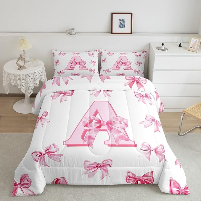 Erosebridal Initial Letter A Comforter Set Pink Bow Girls King Bedding Set Kawaii Girly Bowknot Bedding Comforter Sets Princess Style Romantic Bow Bed Set for Kids Teen Women