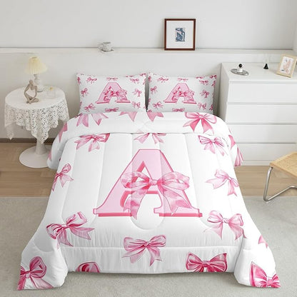 Erosebridal Initial Letter A Comforter Set Pink Bow Girls Toddler Bedding Set Kawaii Girly Bowknot Bedding Comforter Sets Princess Style Romantic Bow Bed Set for Kids Teen Women