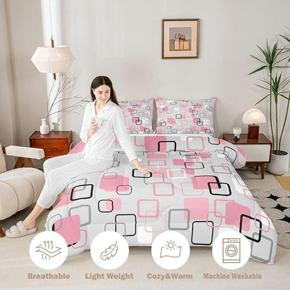 Erosebridal Pink Geometric Square Kids Comforter Sets Pink and Gray Striped Full Bedding Set for Girls Boys Minimalist Art Aesthetic Comforter Set Modern Abstract Plaid Quilt Duvet 3 Pcs