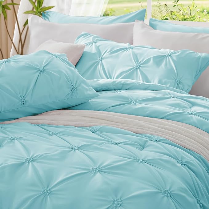 BEDELITE Macaron Blue Queen Comforter Set - 3 Pieces Boho Pintuck Bedding Comforter Sets, Lightweight Soft & Warm Bed Comforter Queen with 2 Pillowcases for All Season