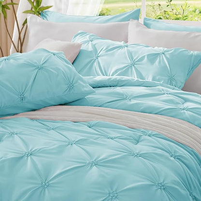 BEDELITE Macaron Blue Queen Comforter Set - 3 Pieces Boho Pintuck Bedding Comforter Sets, Lightweight Soft & Warm Bed Comforter Queen with 2 Pillowcases for All Season