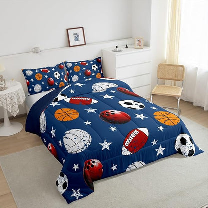 Feelyou Baseball Comforter Set Full Size Football Comforter for Boys Girls Teens Basketball Bedding Set Rugby Sports Duvet Set Room Decor Dark Blue Mixed Ball Quilt Set