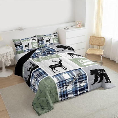 Rustic Cabin Comforter Set, Hunting Bear Deer Bedding Sets Full, Forest Animal Wildlife Duvet Insert Cabin Decorations For Home, Country Farmhouse Plaid Grid Claw Down Comforter With 2 Pillow Cases
