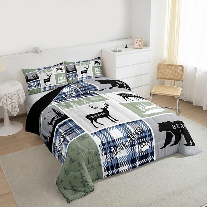 Rustic Cabin Comforter Set, Hunting Bear Deer Bedding Sets Queen, Forest Animal Wildlife Duvet Insert Cabin Decorations For Home, Country Farmhouse Plaid Grid Claw Down Comforter With 2 Pillow Cases