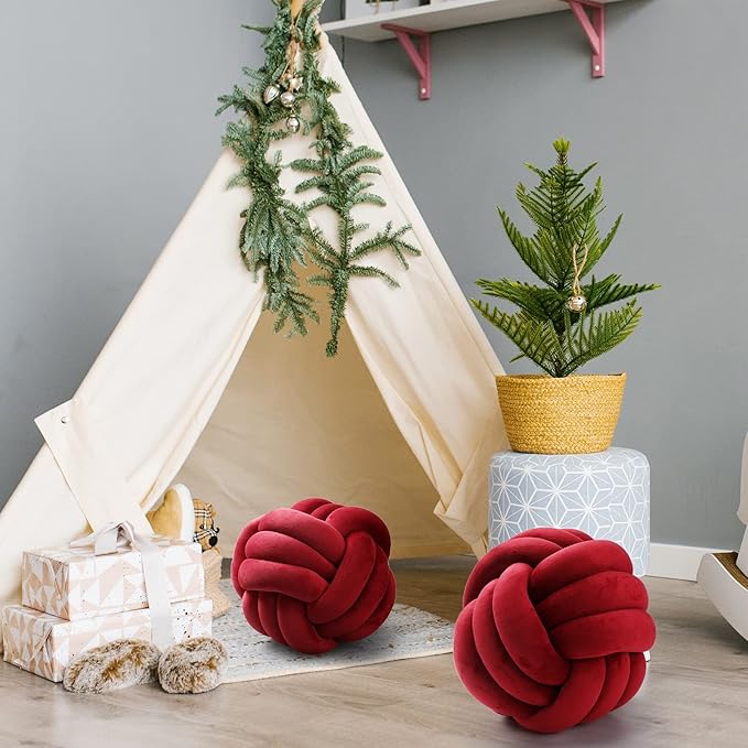 Namalu 2 Pieces Knot Ball Pillows Round Plush Aesthetic Cushion Pillows Soft Stress Relieving Cute Decorative Knotted Pillows for Kids Bed Sofa Bedroom Decor (Wine Red, 10.6 Inches)