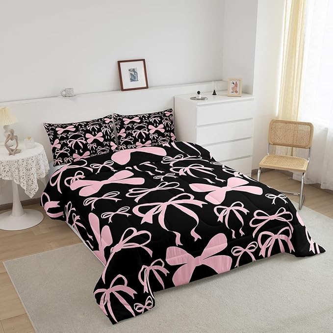 Feelyou Bow Bedding Set Boys Girls King Size Black Pink Girls Bow Comforter Set for Kids Women Men Ultra Soft Cute Bowknot Comforter Lovely Duvet Set