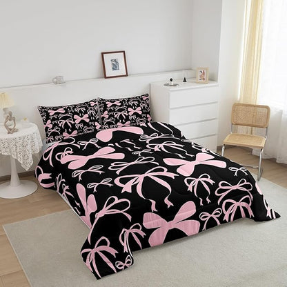 Feelyou Bow Bedding Set Boys Girls King Size Black Pink Girls Bow Comforter Set for Kids Women Men Ultra Soft Cute Bowknot Comforter Lovely Duvet Set