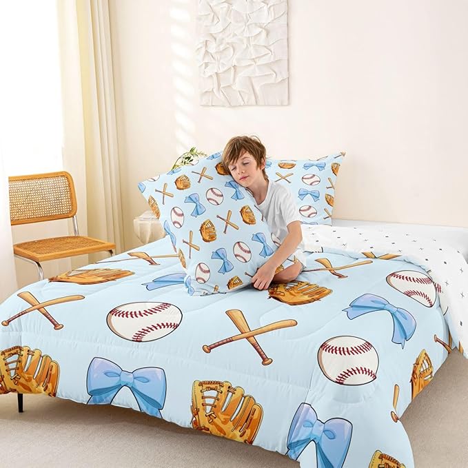 Baseball Bowknot Bedding Sets King Size,Blue Bow Tie Knot Comforter Set 3Pcs for Kids Girls Boys Women Room Decor,Baseball Bat Gloves Quilted Duvet Ball Sport Games Down Comforter,2 Pillowcases