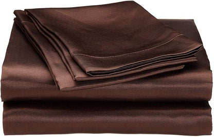 100% Pure Silk Satin Sheet Set 4pcs, Silk Fitted Sheet 15" Deep Pocket Mattress fit,Silk Flat Sheet&Silk Pillowcases Set Cool Soft Silk Sheets|Wrinkle Free Fade Resistant Full Chocolate