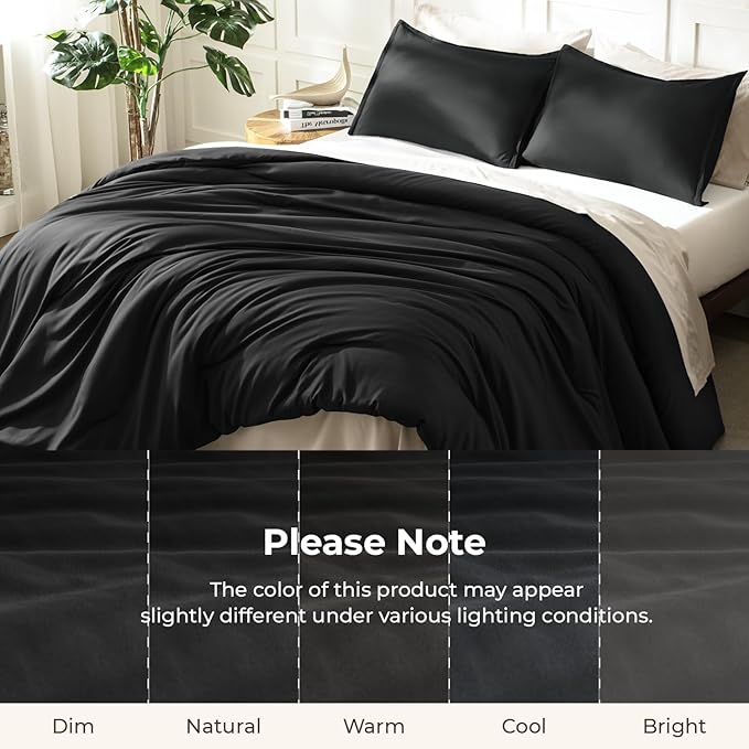 Litanika Black Comforter Set Queen Size, 3 Pieces Lightweight Solid Bedding Comforter Set, All Season Fluffy Bed Set (90x90In Comforter & 2 Pillowcases)