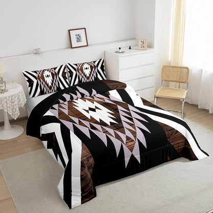 Feelyou Black Brown Rustic Western Bedding Set Twin Size Southwestern Aztec Tribal Comforter Set for Boys Girls Vintage Geometric Duvet Quilt Soft