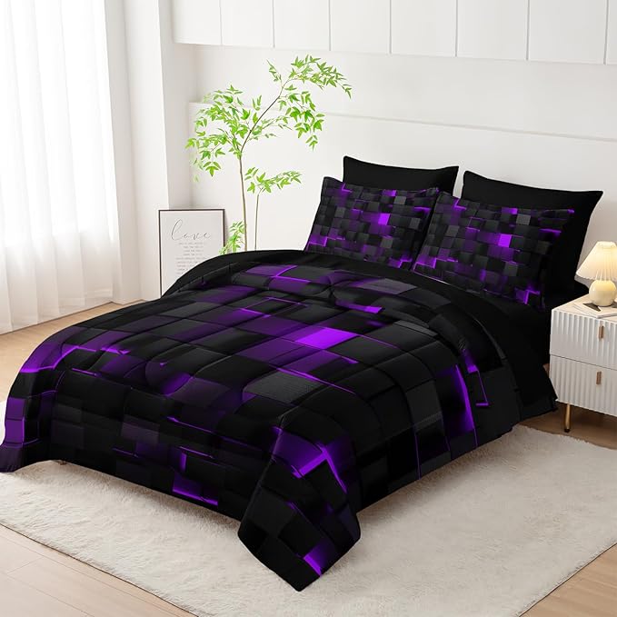 Geometric Violet Black Twin Comforter Set,Light Honeycomb Bedding Set 7 Piece in A Bag,Bed Sheet Set Geometry Decor,Microfiber Lightweight All Season
