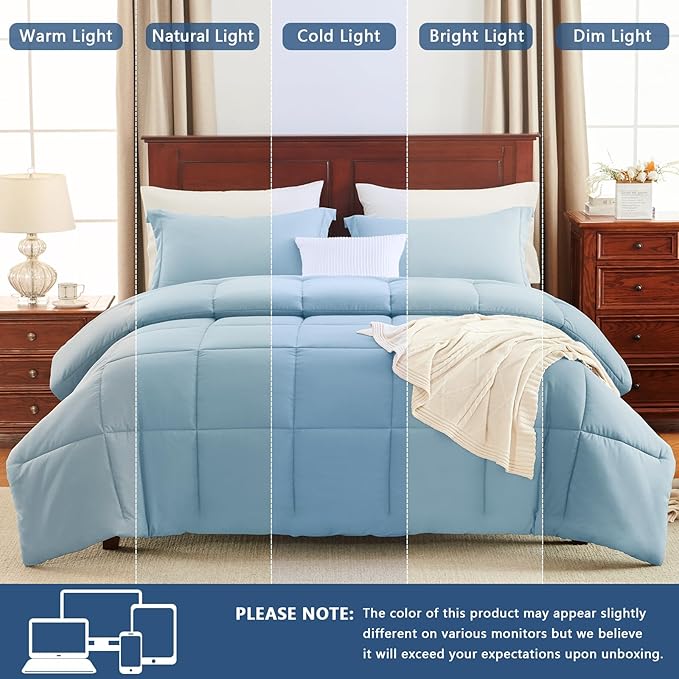 CozyLux Queen Comforter Set - Light Blue Comforters Queen Size, 3 Pieces Box Stitched Bed Set for All Seasons, Soft Lightweight Bedding Sets with 1 Down Alternative Comforter and 2 Pillow Shams