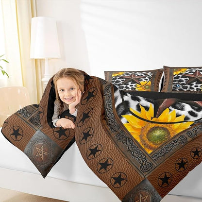 Erosebridal Western Texas Star Bedding Set Queen, Rustic Cowhide Comforter Set for Kids Teens Adult Room Decor, Cow Print Farm Animal Duvet Insert Cowboy Vintage Sunflower Quilt, 2 Pillow Cases