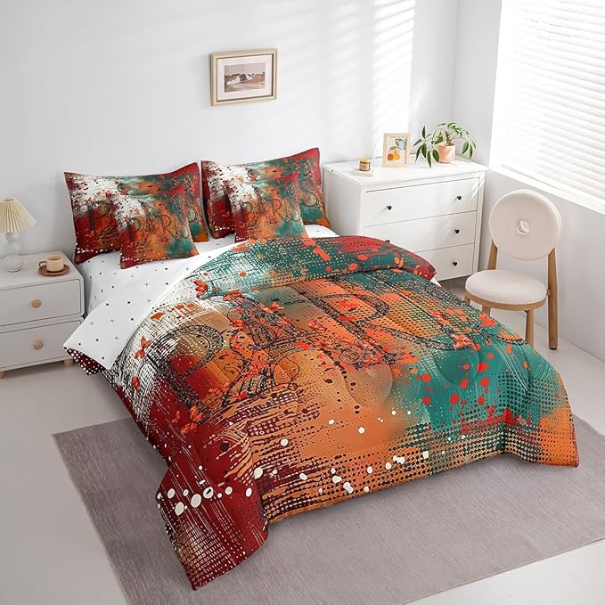 Erosebridal Romantic Paris Bed in a Bag 7 Pieces Valentine's Day Eiffel Tower Bedding Comforter Sets, Red Turqoise Graffiti Twin Bedding Set Hippie Tie Dye Comforter Set with Flat Sheet Fitted Sheet