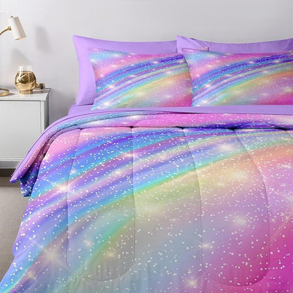 Nesker 5 Pcs Comforter Set Twin Size, Pink Gradient Star Colorful Glitter Bedding Set for Kids and Adults, Rainbow Star Galaxy Girls Bed Sheet Sets with Fitted Sheet Pillowcases & Shams