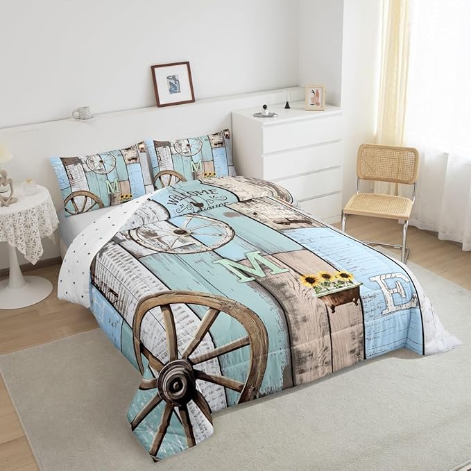 Rustic Farmhouse Bedding Sets For Cabin Lodge Western Country Comforter Set Retro Barn Door Wheel Windmill Quilt Set Full,Farm Animal Sunflower Planks Duvet Insert Blue Grey Brown 2 Pillow Cases