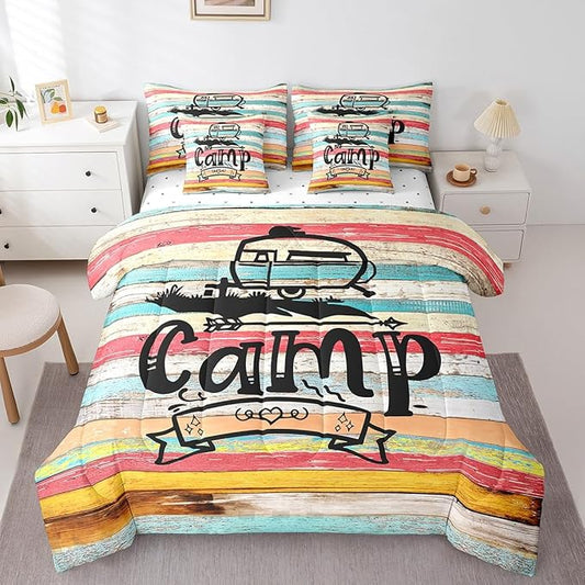 Full Size 7-Piece Camping Decor Comforter Set - Bed in a Bag, Rv Camper Lovers Comforter Set with Rustic Wooden Sheets, 1 Comforter, 2 Pillowcases, 2 Throw Pillow Covers