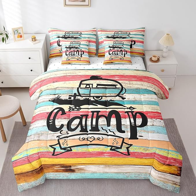 King Size 7-Piece Camping Comforter Set Bed in a Bag for Rv & Camper Lovers - 1 Comforter, 1 Flat Sheet, 2 Pillowcases & 2 Throw Pillow Covers